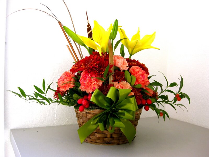 Flower Arrangement in Basket — Yellow, Festive, Photograph