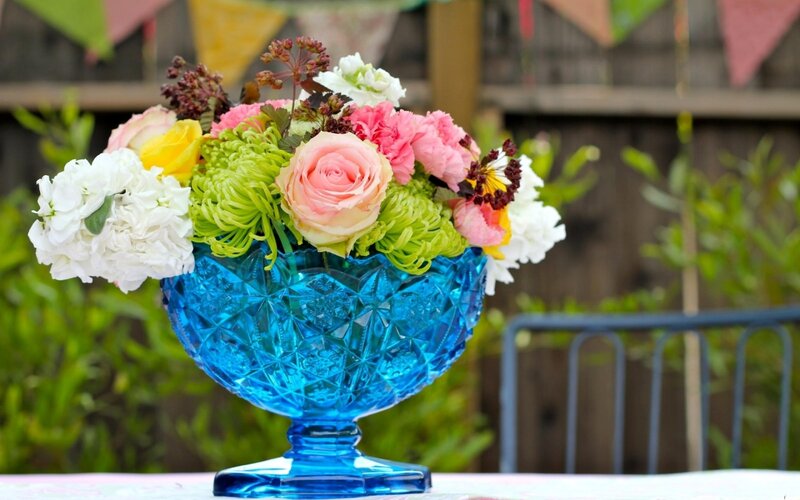 Flower Arrangement in Blue Vase