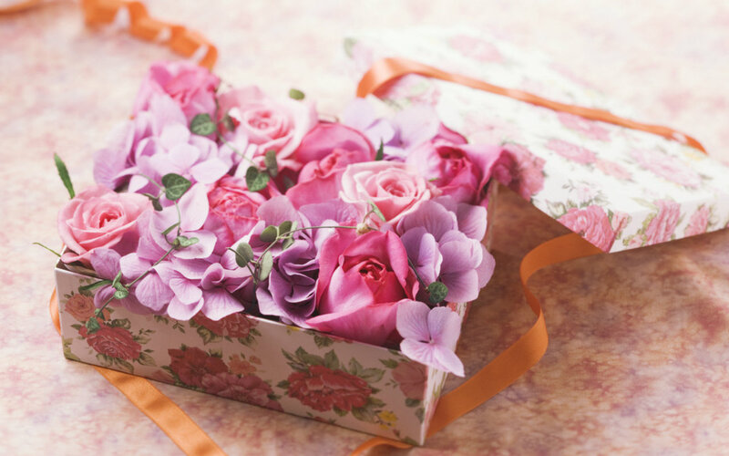 Flower Arrangement in Box — Pink, Romantic, Photograph, Roses, Hydrangeas, Ribbon