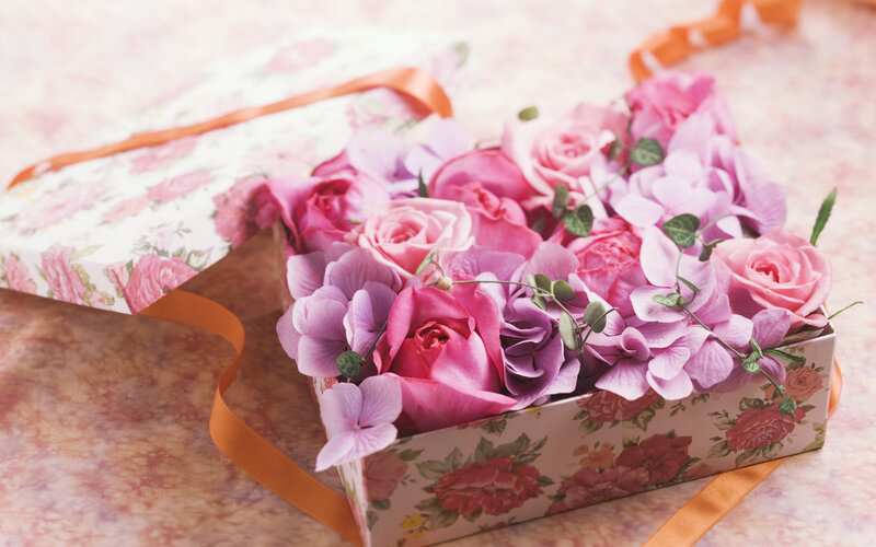 Flower Arrangement in Box — Pink, Romantic, Photograph, Roses