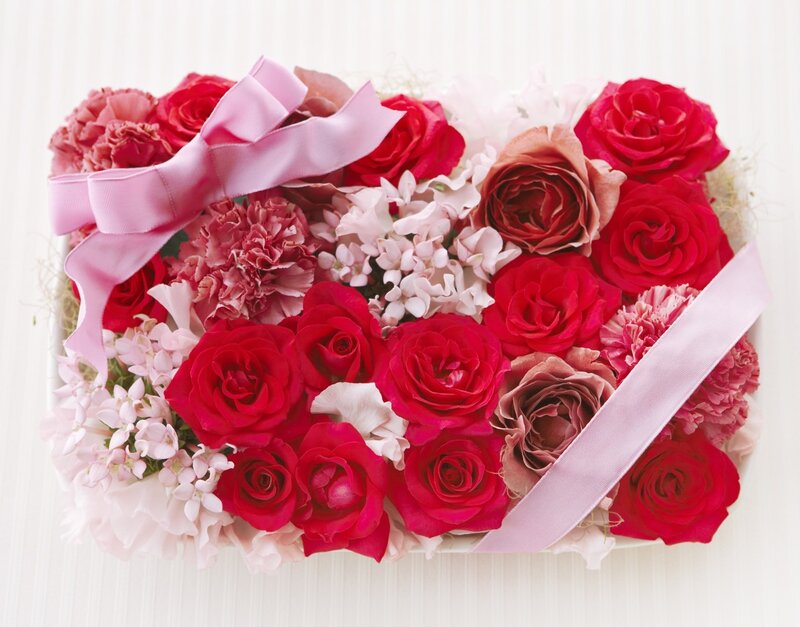 Flower Arrangement in Box — Red, Festive, Photograph