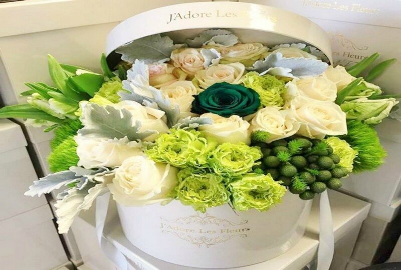 Flower Arrangement in Box — White, Elegant, Photograph