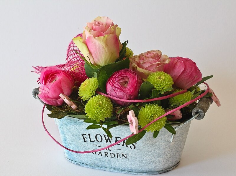 Flower Arrangement in Bucket — Pink, Calm