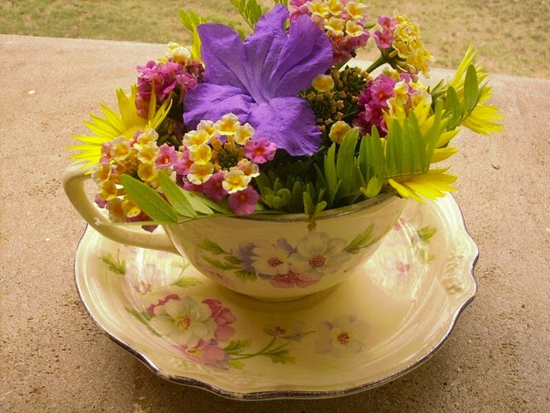 Flower Arrangement in Teacup — Purple
