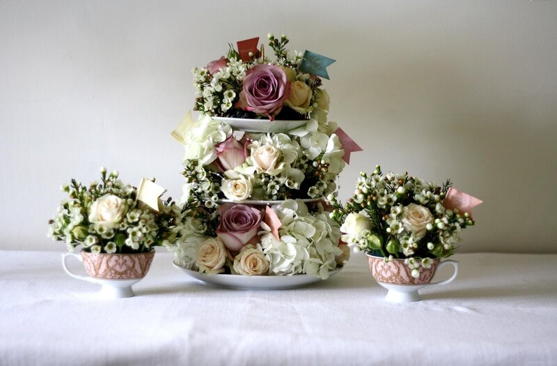Flower Arrangement in Teacups — White, Elegant