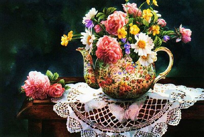 Flower Arrangement in Teapot — White, Serene