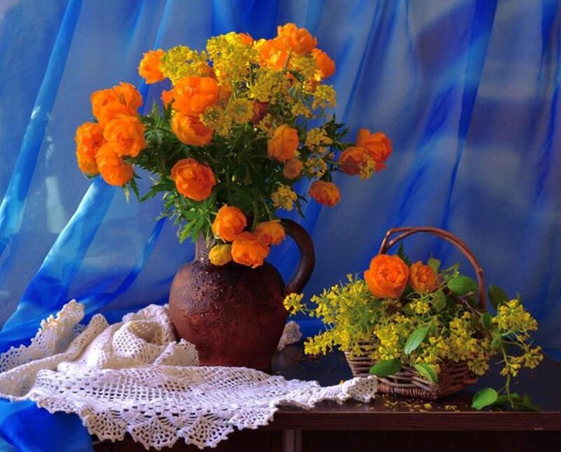 Flower Arrangement in Vase — Blue, Serene, Photograph, Basket, Lace Cloth