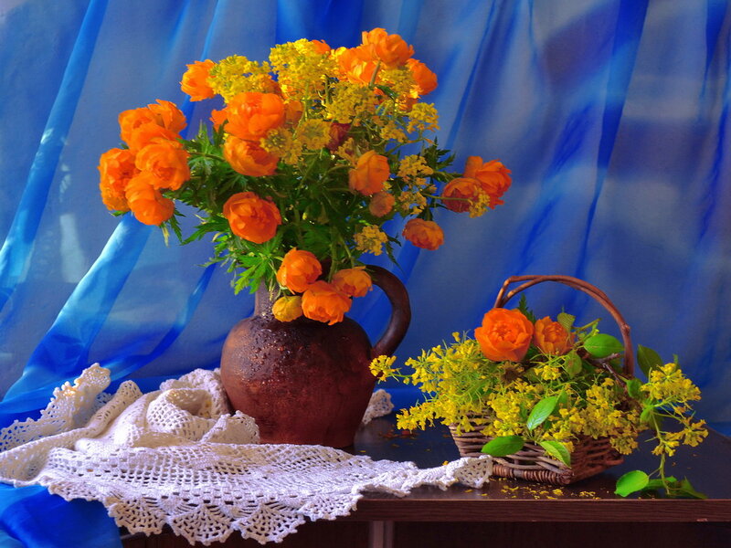 Flower Arrangement in Vase — Blue, Serene, Photograph, Basket