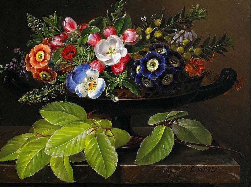 Flower Arrangement in Vase — Green, Dramatic, Painting