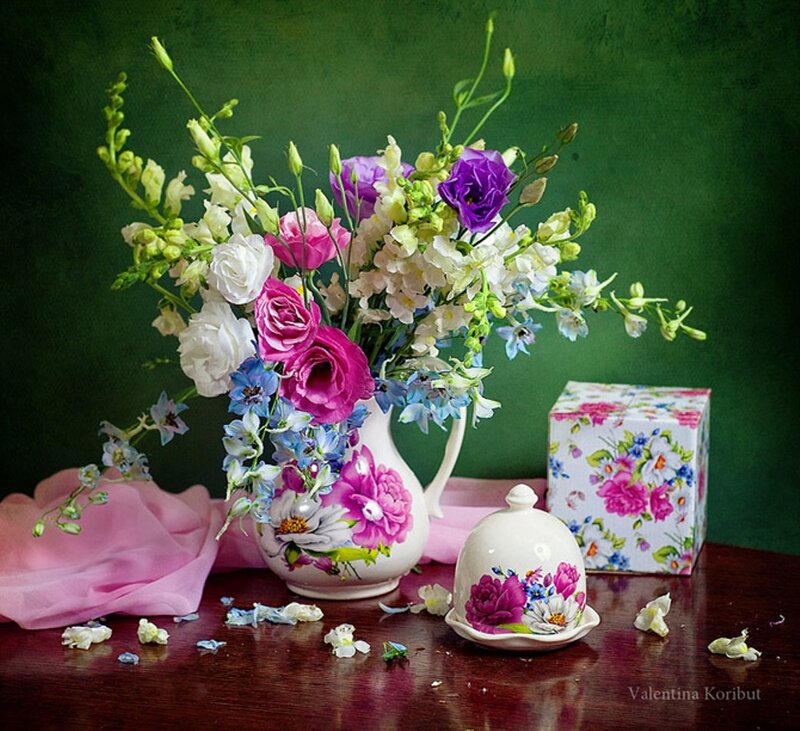 Flower Arrangement in Vase — Green, Serene, Photograph, Box