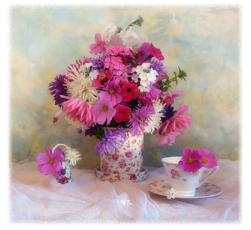 Flower Arrangement in Vase — Pink, Serene, Photograph, Teacup