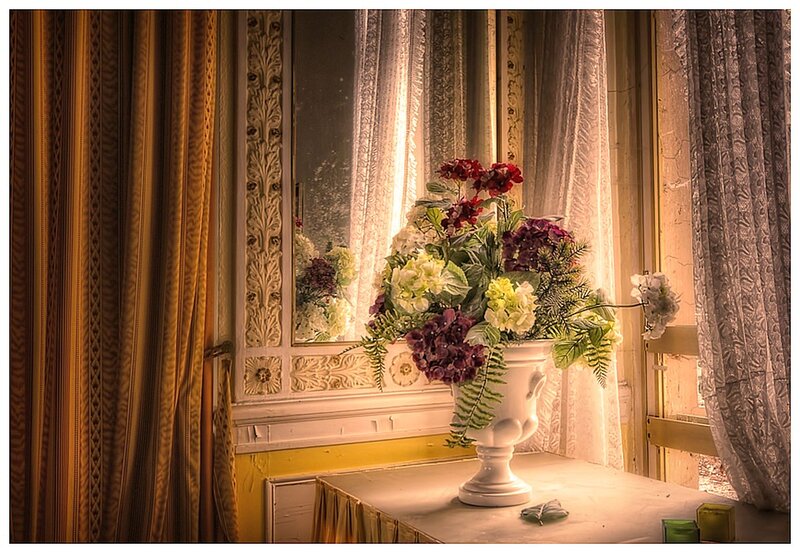 Flower Arrangement in Vase — White, Dramatic, Afternoon