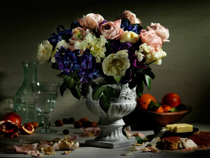 Flower Arrangement in Vase — White, Dramatic, Photograph
