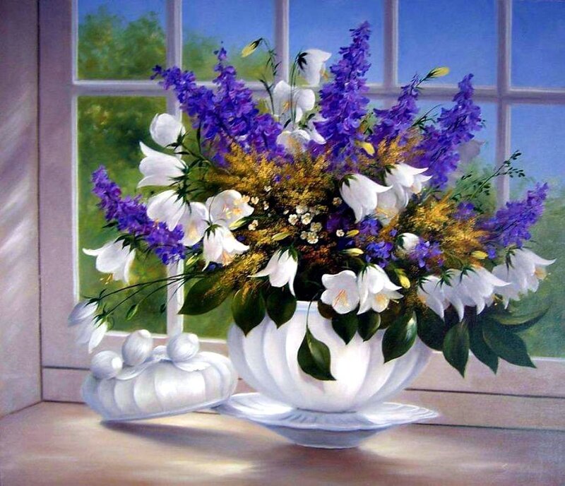 Flower Arrangement in Vase — White, Serene, Afternoon, Painting, Window