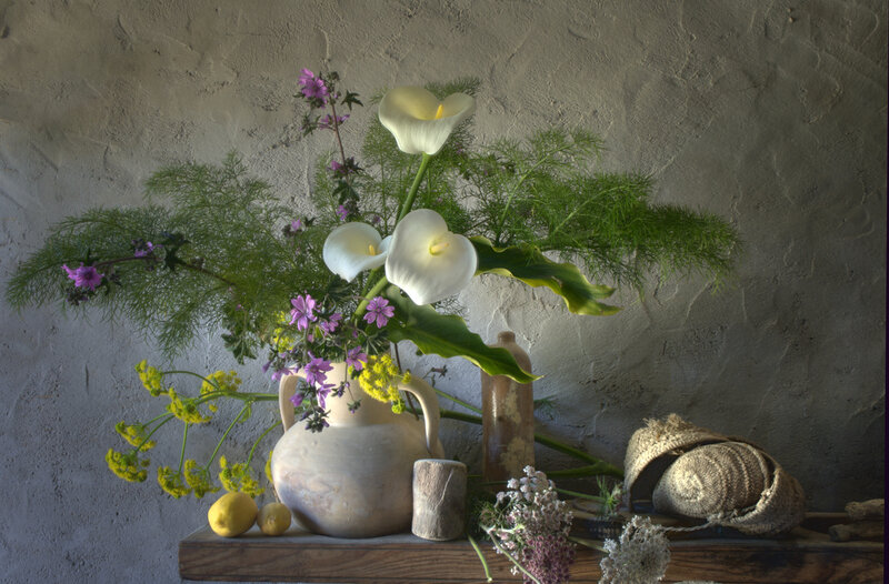Flower Arrangement in Vase — White, Serene, Photograph, Lemons