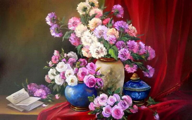 Flower Arrangement in Vases — Red