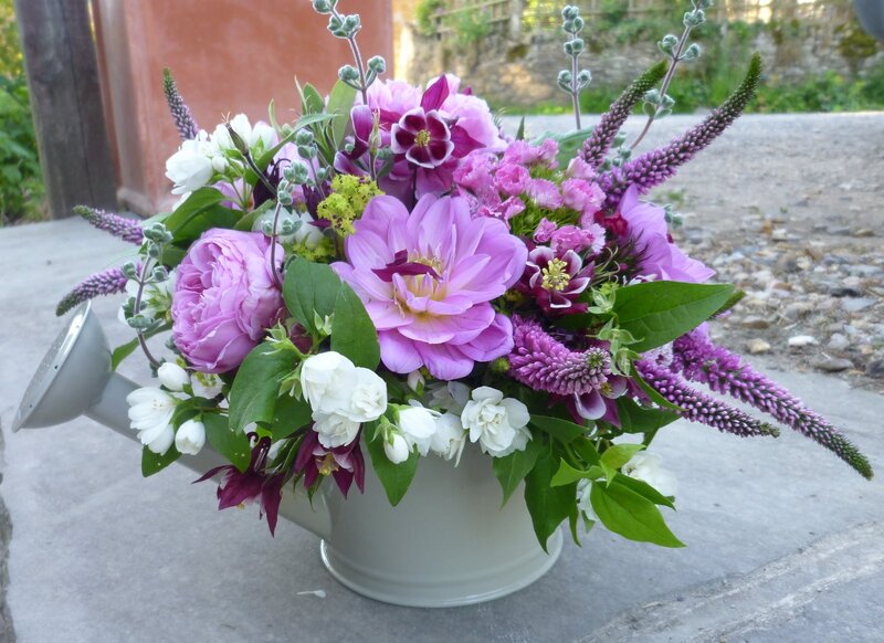Flower Arrangement in Watering Can — Purple
