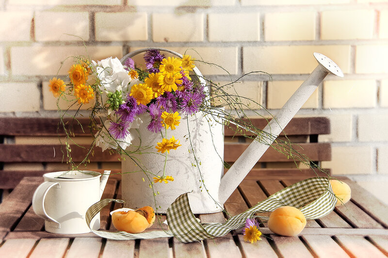 Flower Arrangement in Watering Can — White, Serene