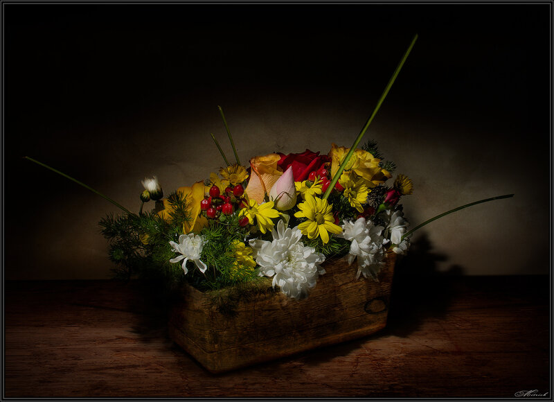 Flower Arrangement in Wooden Box — Brown