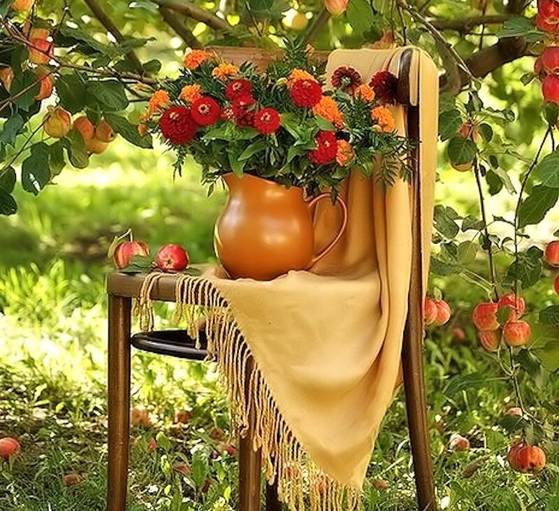 Flower Arrangement on Chair — Orange