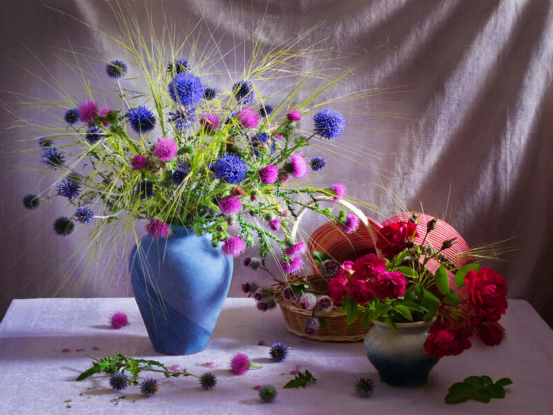 Flower Arrangement on Table — Blue, Serene