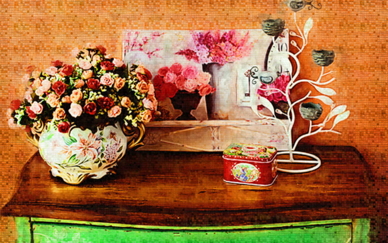 Flower Arrangement on Table — Brown, Calm, Painting