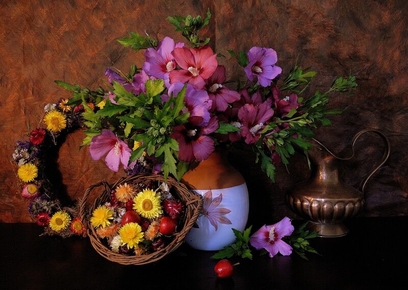 Flower Arrangement on Table — Brown, Dramatic
