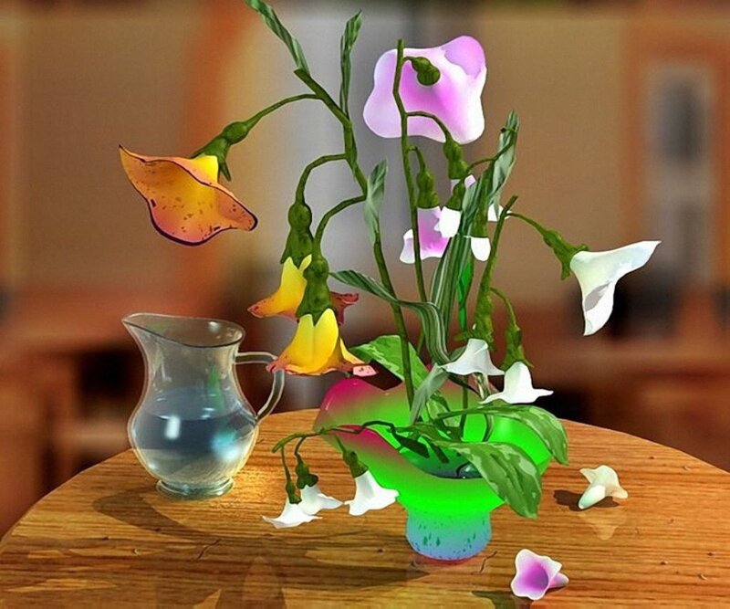 Flower Arrangement on Table — Green, Calm, 3d Render, Pitcher