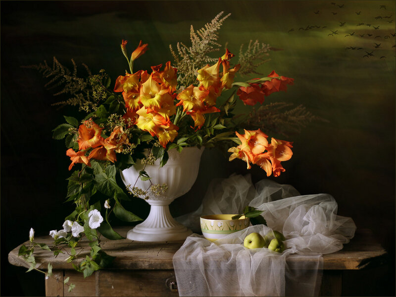 Flower Arrangement on Table — Orange, Dramatic