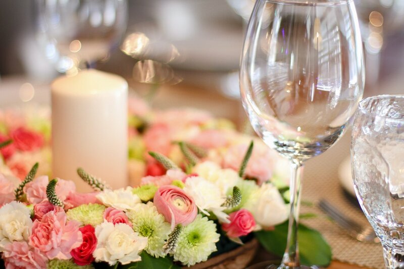 Flower Arrangement on Table — Pink, Elegant, Photograph, Candle