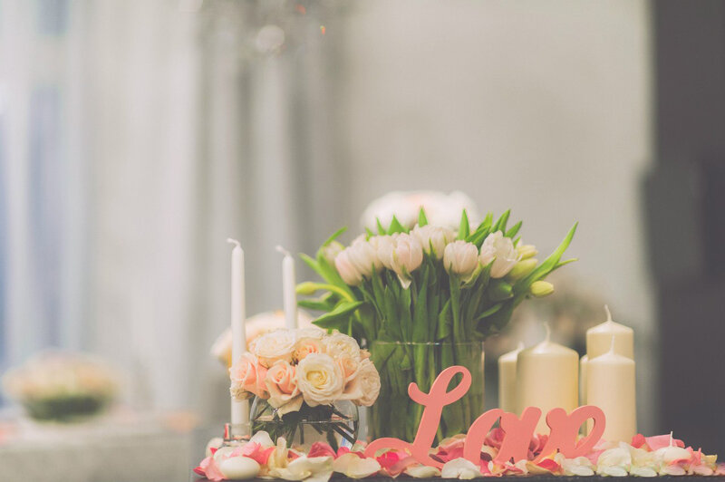 Flower Arrangement on Table — Pink, Romantic, Photograph