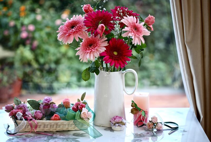 Flower Arrangement on Table — Pink, Serene, Afternoon, Photograph, Basket