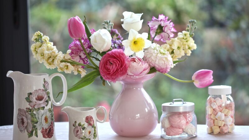 Flower Arrangement on Table — Pink, Serene, Afternoon, Photograph, Pitcher, Jars