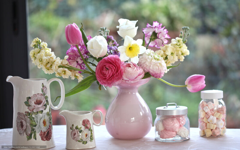 Flower Arrangement on Table — Pink, Serene, Spring, Photograph, Pitchers, Candies