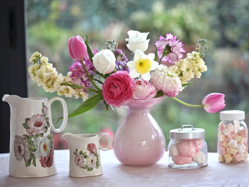Flower Arrangement on Table — Pink, Serene, Spring, Photograph, Pitchers
