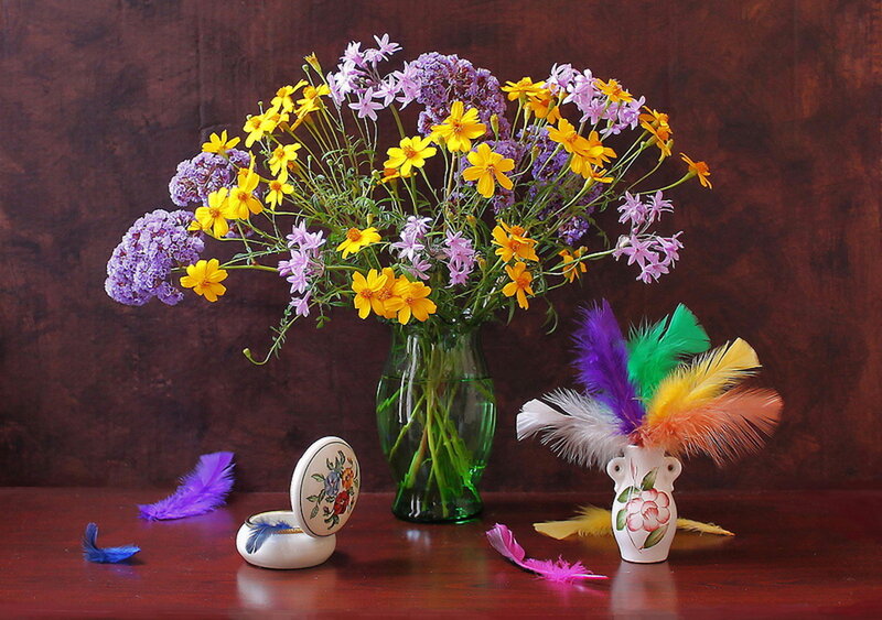 Flower Arrangement on Table — Purple, Calm, Photograph, Feathers