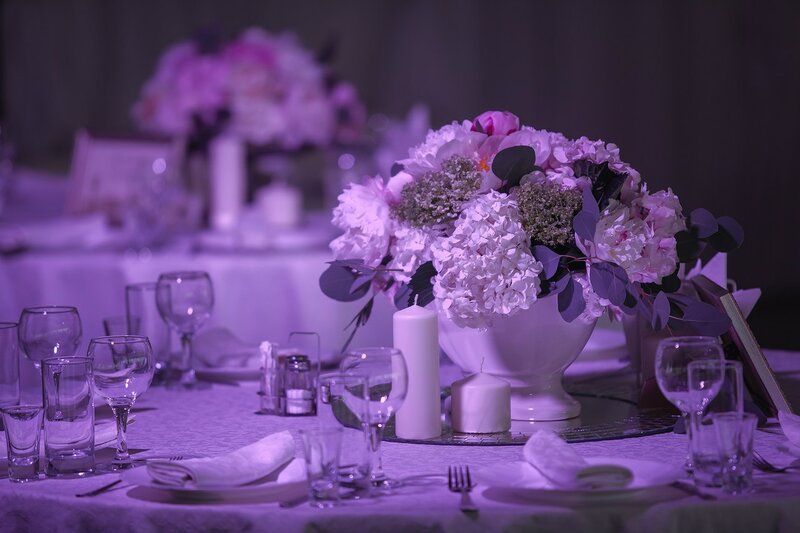 Flower Arrangement on Table — Purple, Elegant, Night, Photograph
