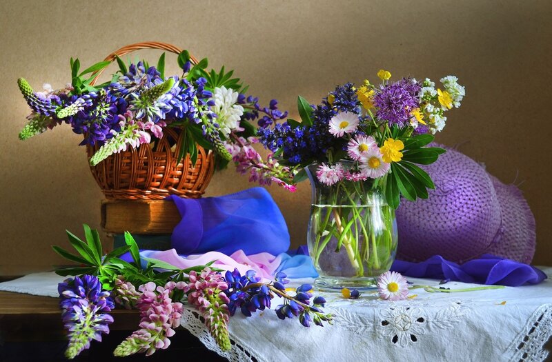 Flower Arrangement on Table — Purple, Serene, Afternoon, Photograph, Basket