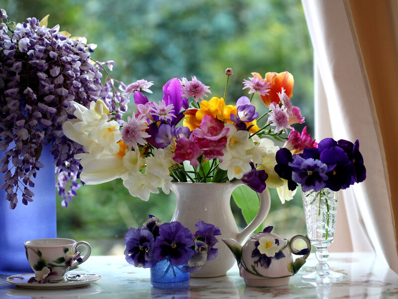 Flower Arrangement on Table — Purple, Serene, Afternoon, Photograph