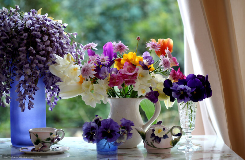 Flower Arrangement on Table — Purple, Serene, Afternoon, Photograph, Vase, Teacup, Curtain