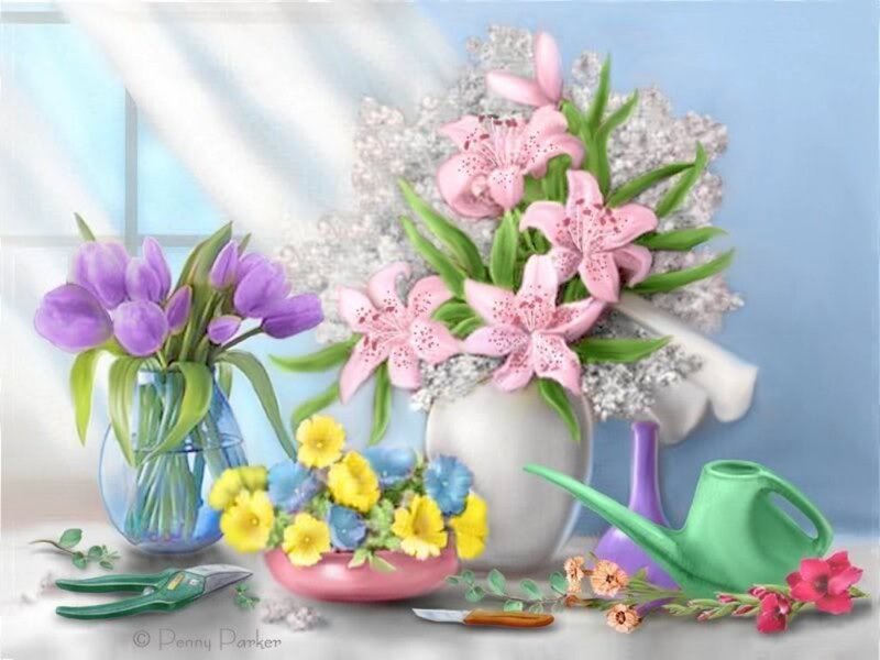 Flower Arrangement on Table — Purple, Serene, Morning