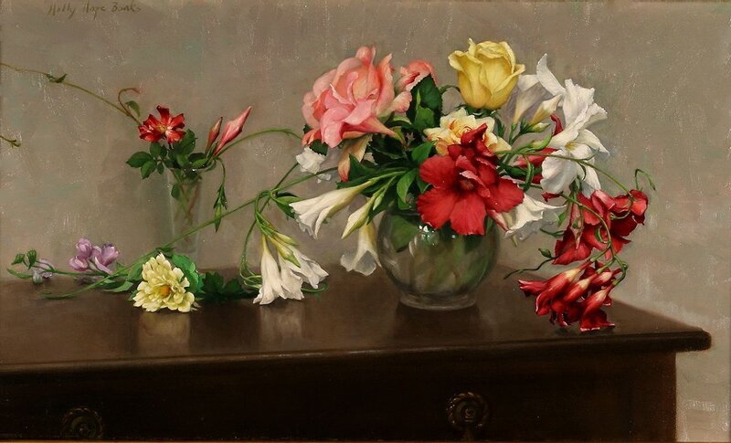 Flower Arrangement on Table — White, Calm, Painting