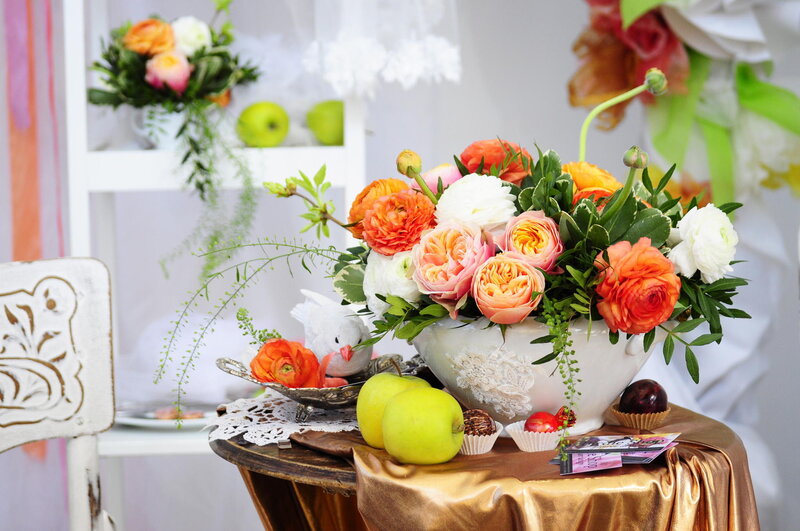 Flower Arrangement on Table — White, Festive
