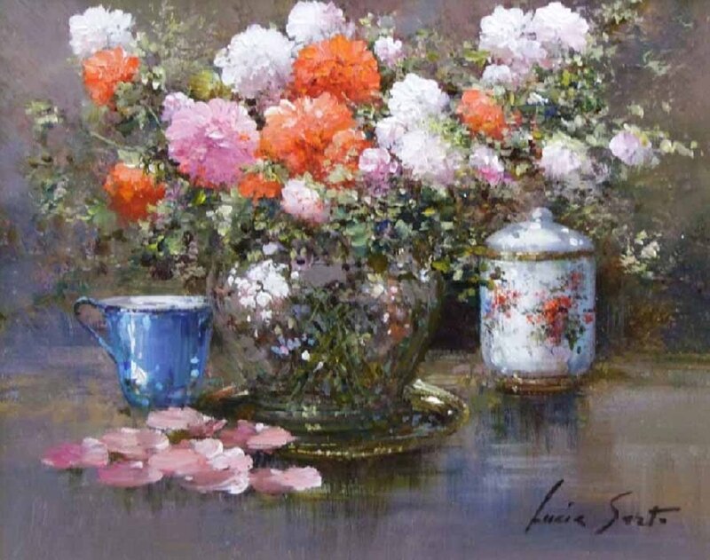 Flower Arrangement on Table — White, Serene, Painting, Blue Cup