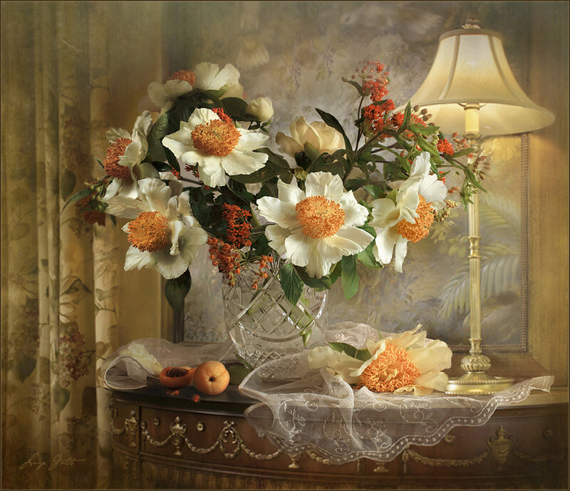 Flower Arrangement on Table — White, Serene, Painting