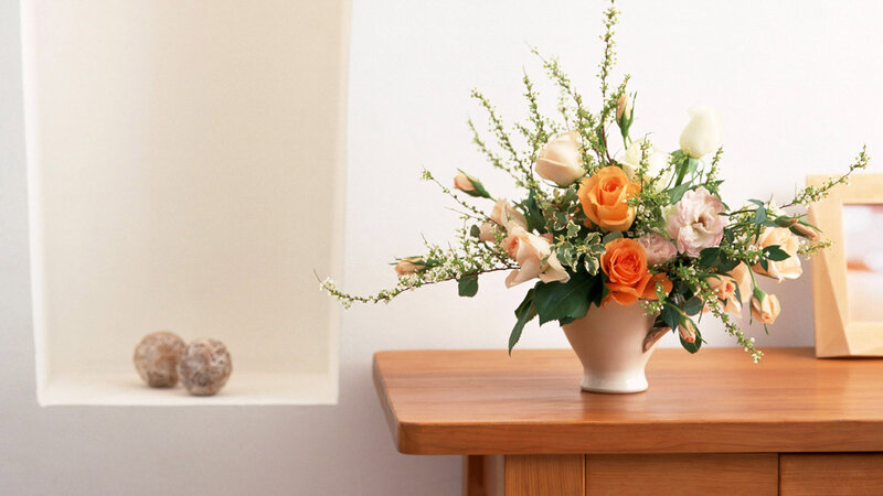 Flower Arrangement on Table — White, Serene, Photograph