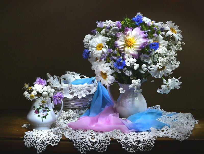 Flower Arrangement on Table — White, Serene, Photograph, Vase