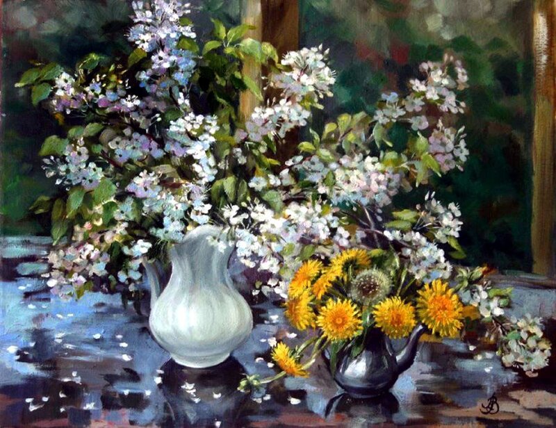 Flower Arrangement on Table — White, Serene, Spring, Painting