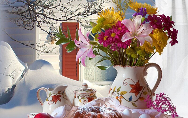 Flower Arrangement on Table — White, Serene, Winter
