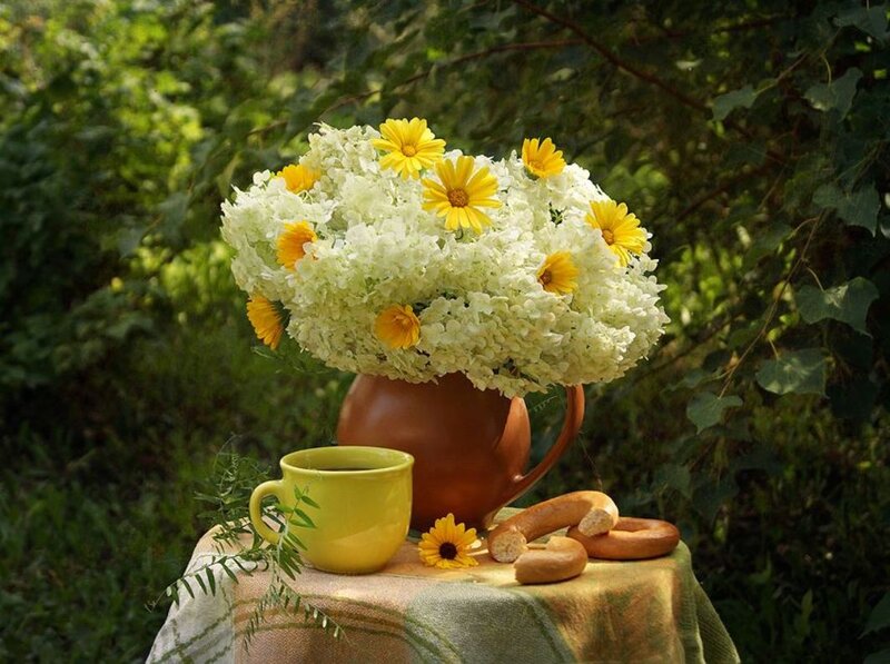 Flower Arrangement on Table — Yellow, Serene, Afternoon